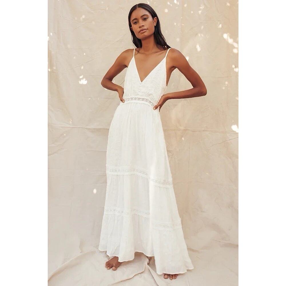 NEW Lulus Light Breeze White Striped Crochet Lace Tiered Maxi Dress Size Small - Picture 14 of 14